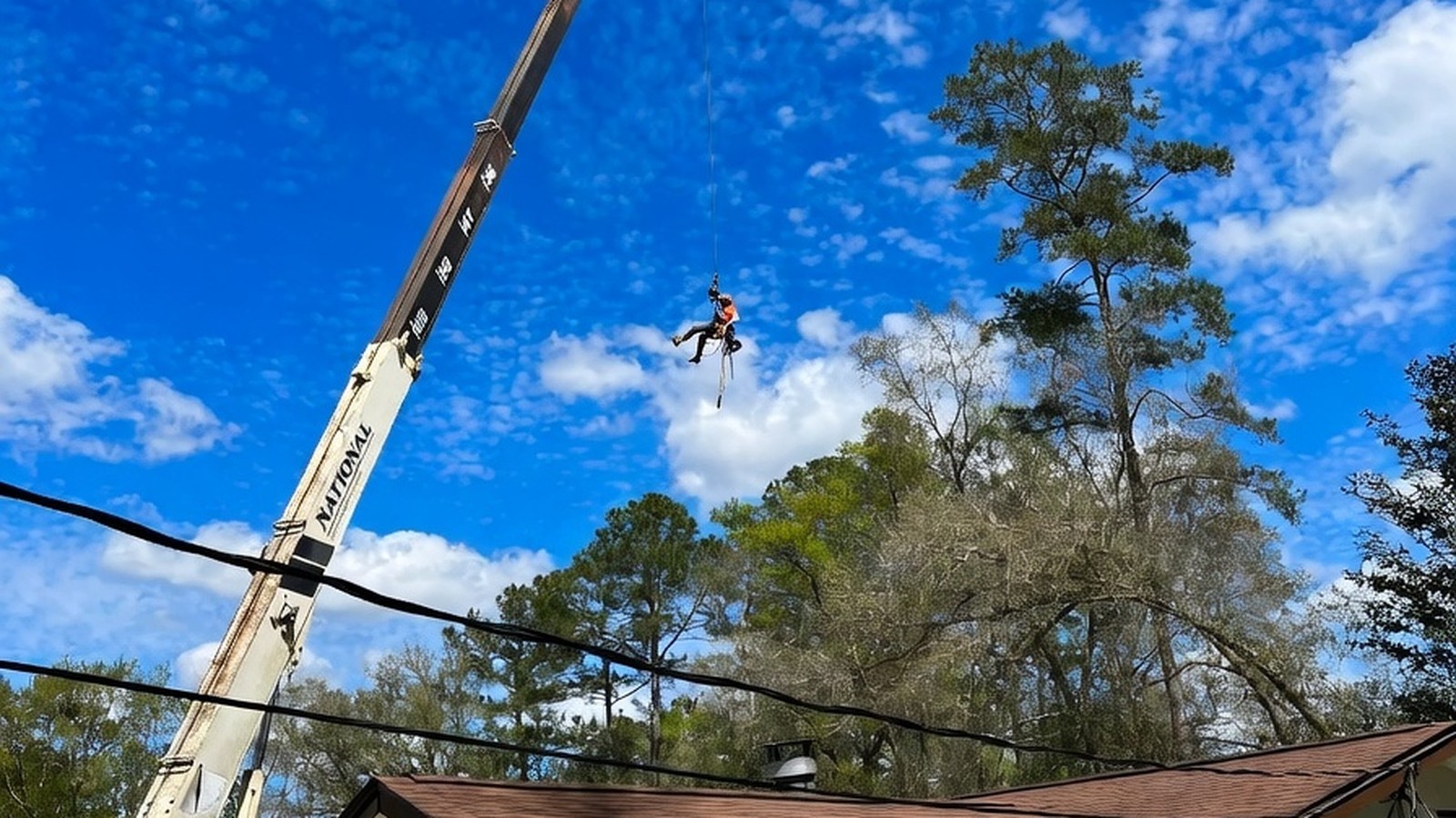 Tree worker suspended on a line high above the treetops against a bright blue sky