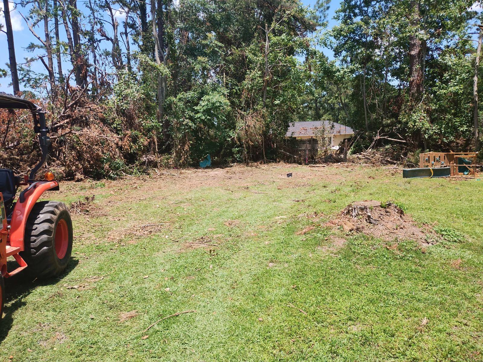Cleared grassy lot with a stump and a tractor wheel at the left edge, brush piled along the tree line